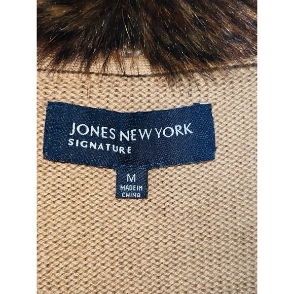JONES NEW YORK SIGNATURE LT BROWN FAUX FUR COLLAR CARDIGAN M / MEDIUM - Picture 5 of 6